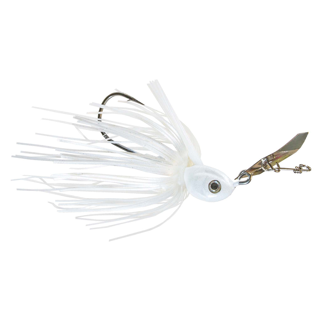Weedless chatterbait with all-white skirt, pale bait head, gold blade and treble hook