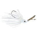 Weedless chatterbait with all-white skirt, pale bait head, gold blade and treble hook