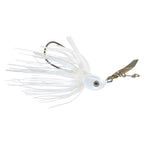 Weedless chatterbait with all-white skirt, pale bait head, gold blade and treble hook