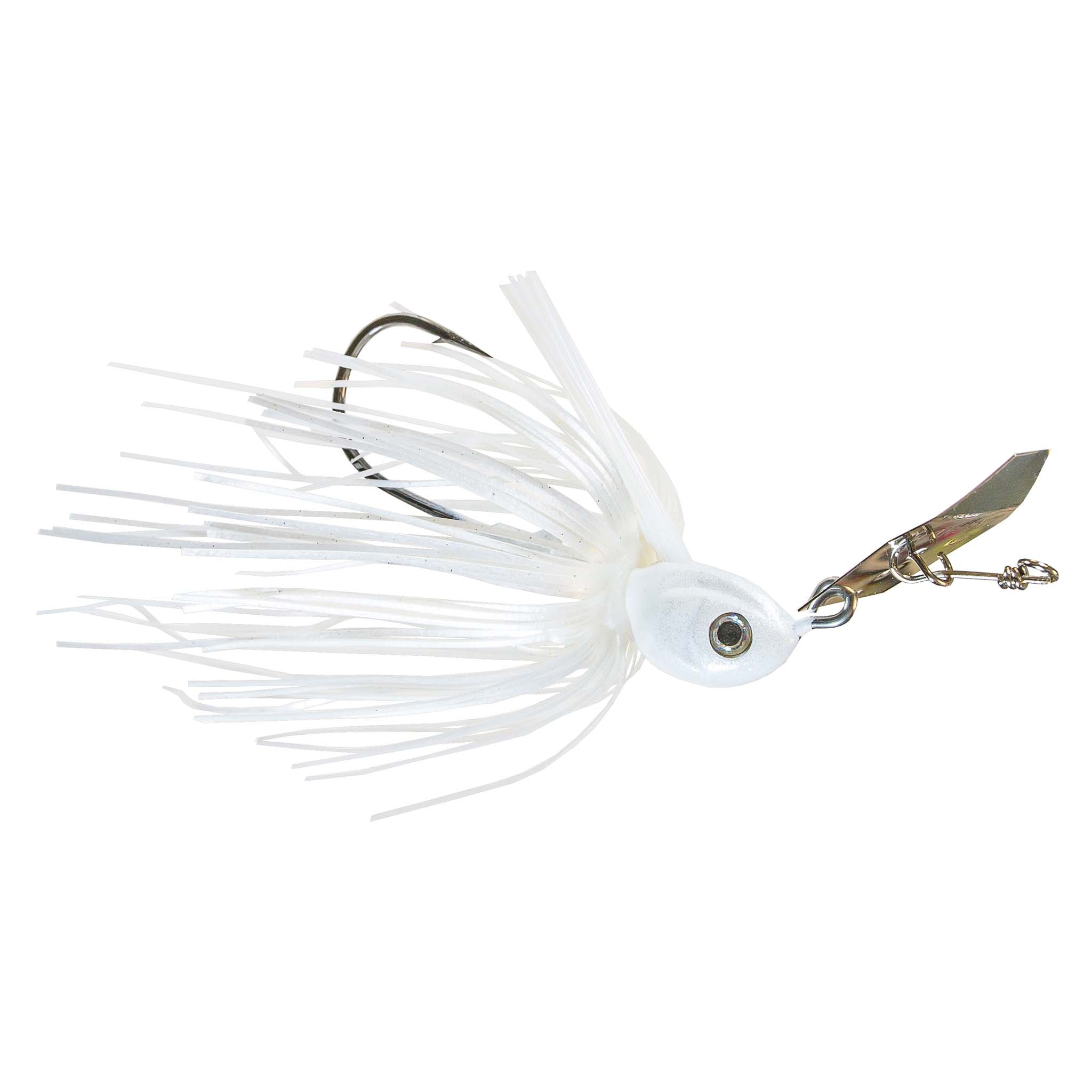 Weedless chatterbait with all-white skirt, pale bait head, gold blade and treble hook