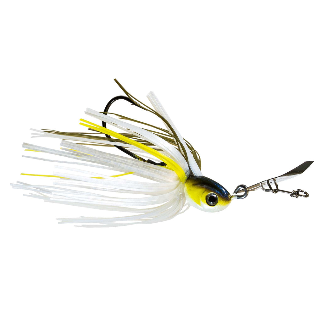 Weedless chatterbait with white and chartreuse skirt, blue bait head, silver treble hooks