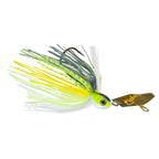 Weedless chatterbait with lime green and white skirt, chartreuse accents, gold blade
