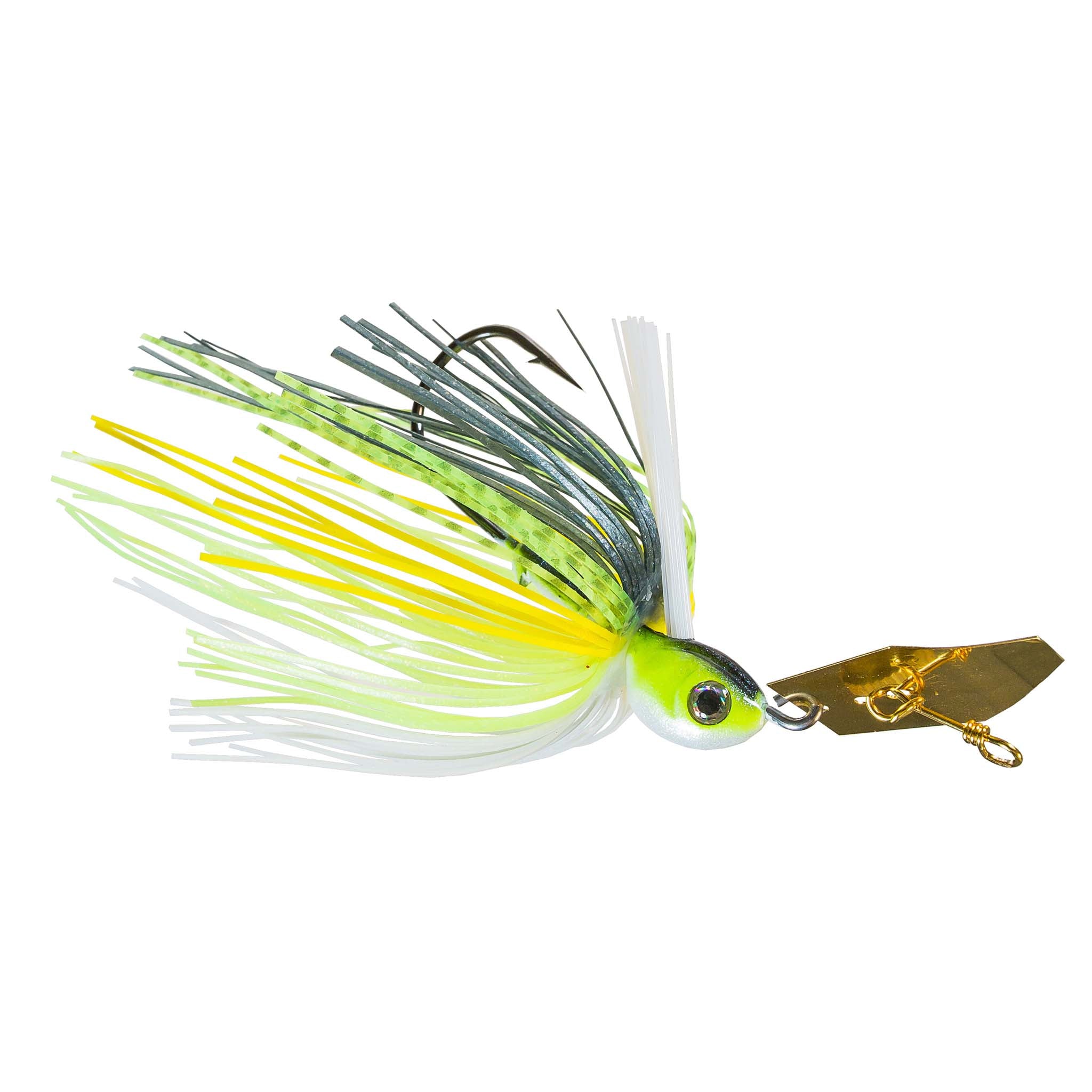 Weedless chatterbait with lime green and white skirt, chartreuse accents, gold blade