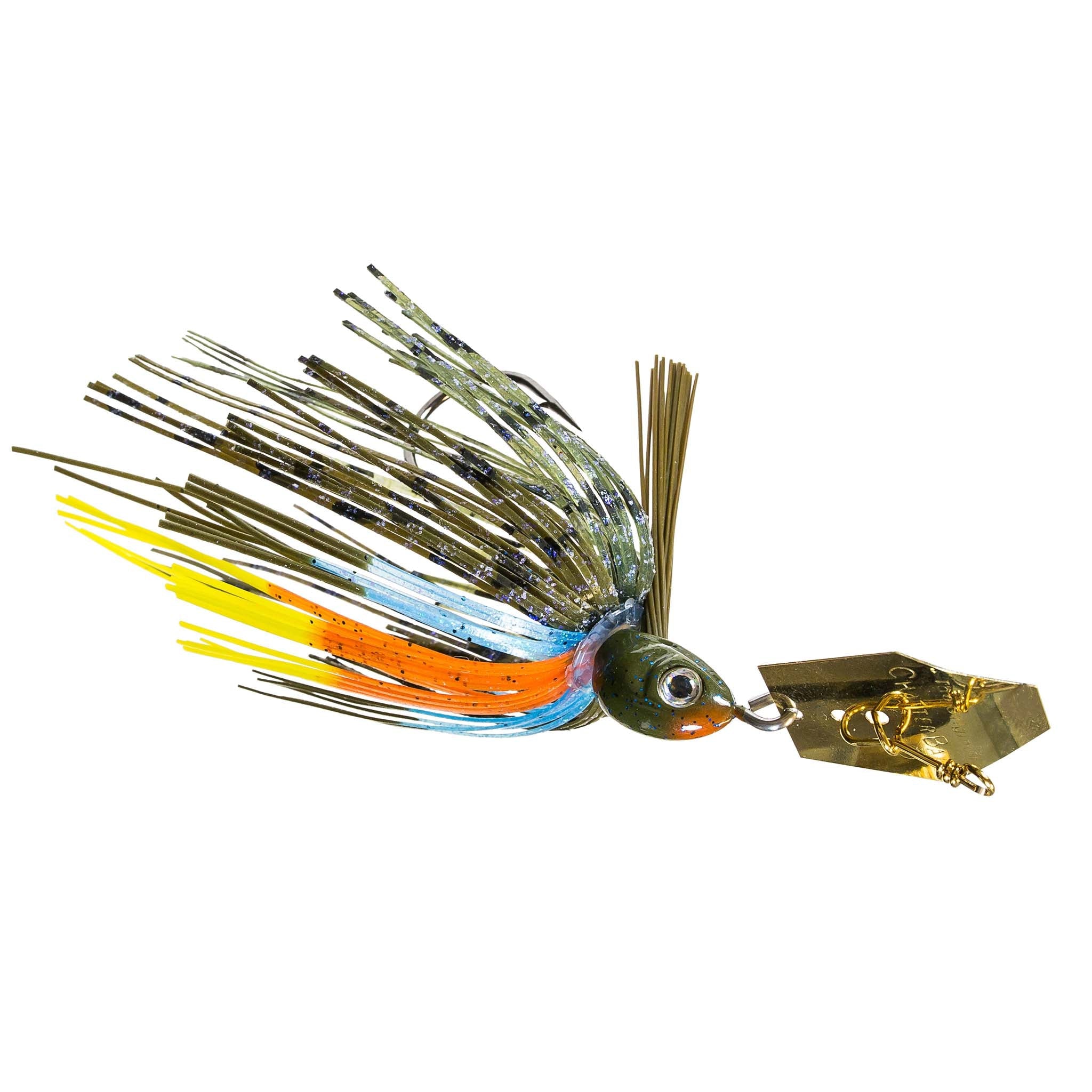 Weedless chatterbait with multicolor skirt (green, blue, orange), dark bait head, gold blade