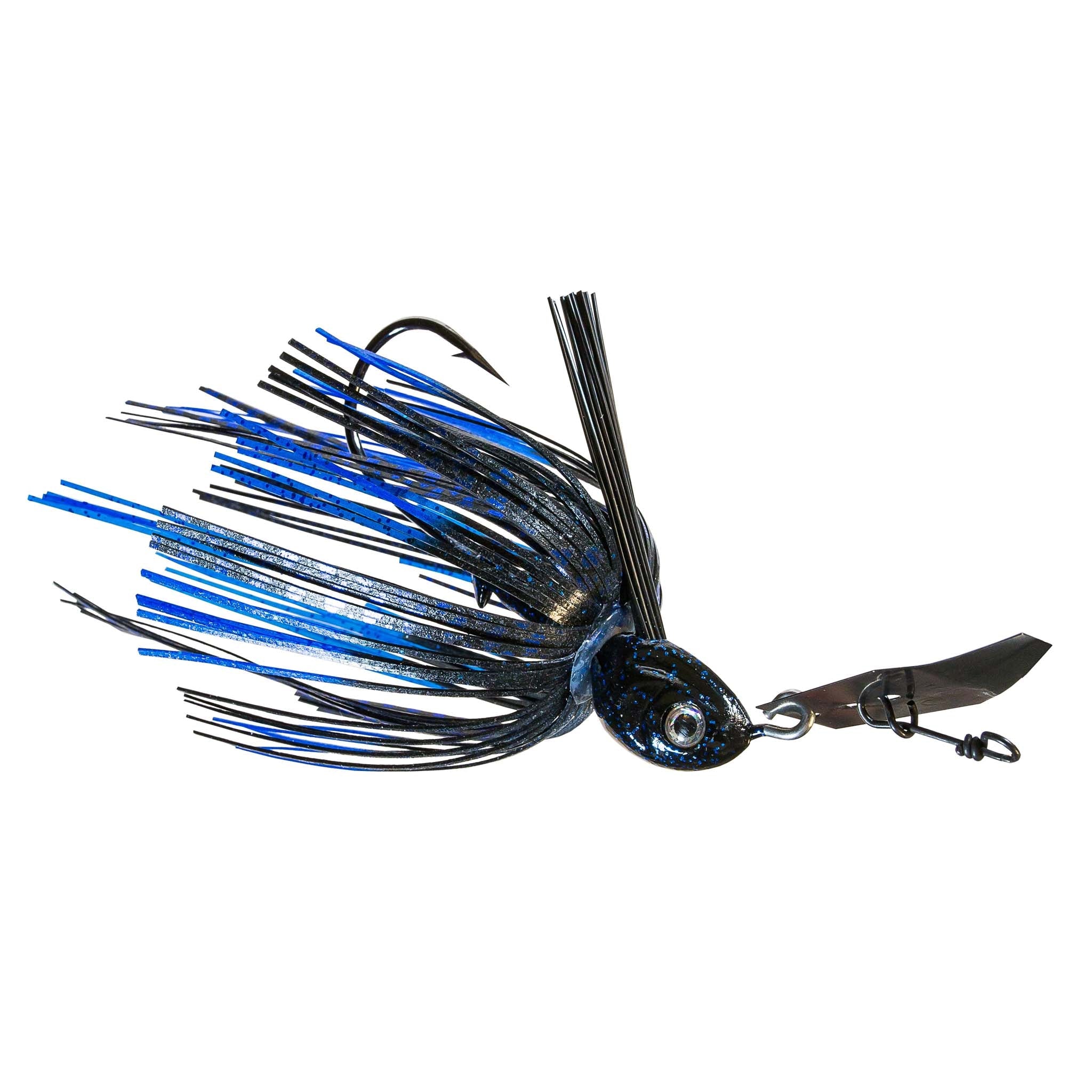 Weedless chatterbait with blue and black skirt, dark bait head, gold blade