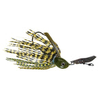 Weedless chatterbait with green and black skirt, gold blade, green bait head