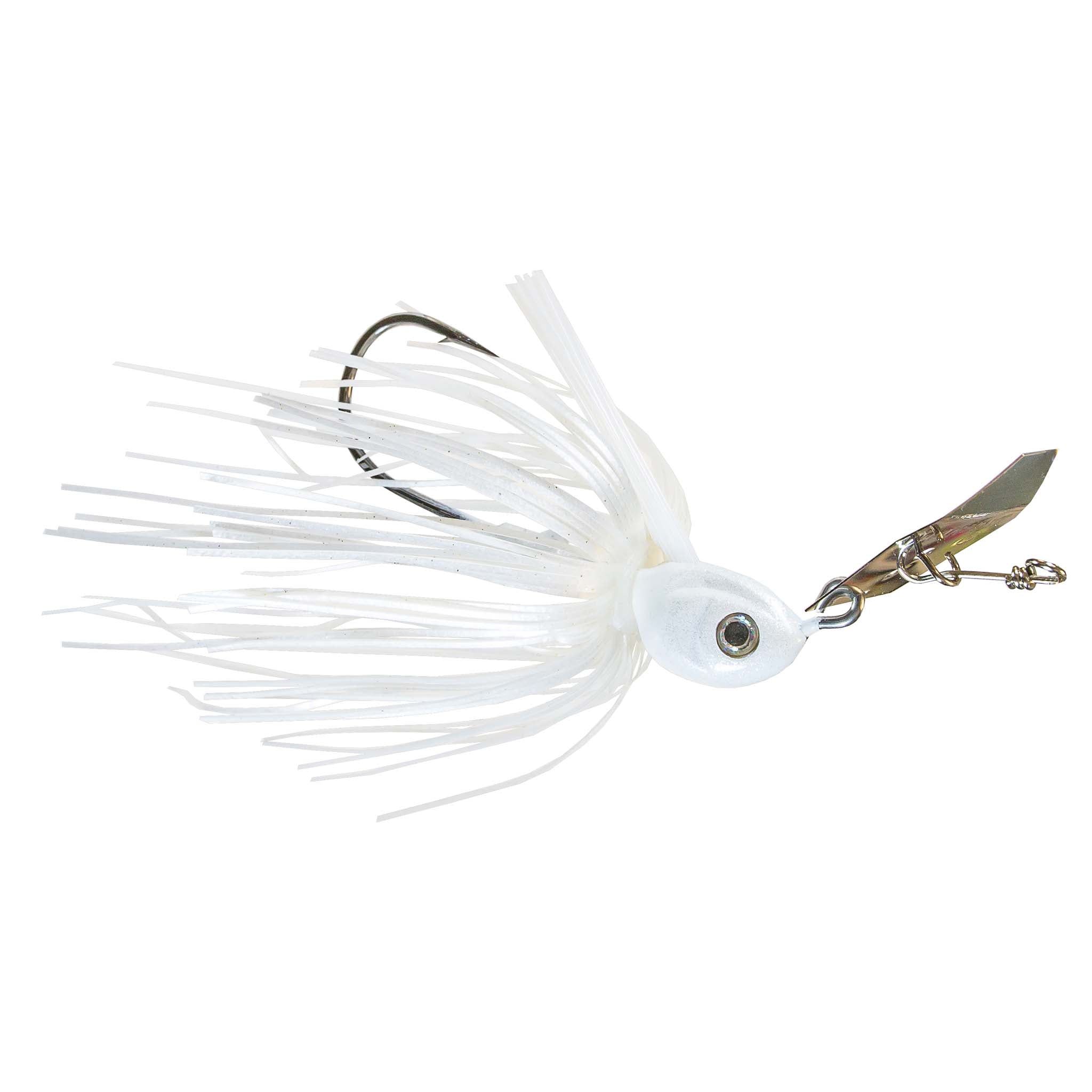 Weedless chatterbait with white skirt, white bait head, gold blade and treble hook