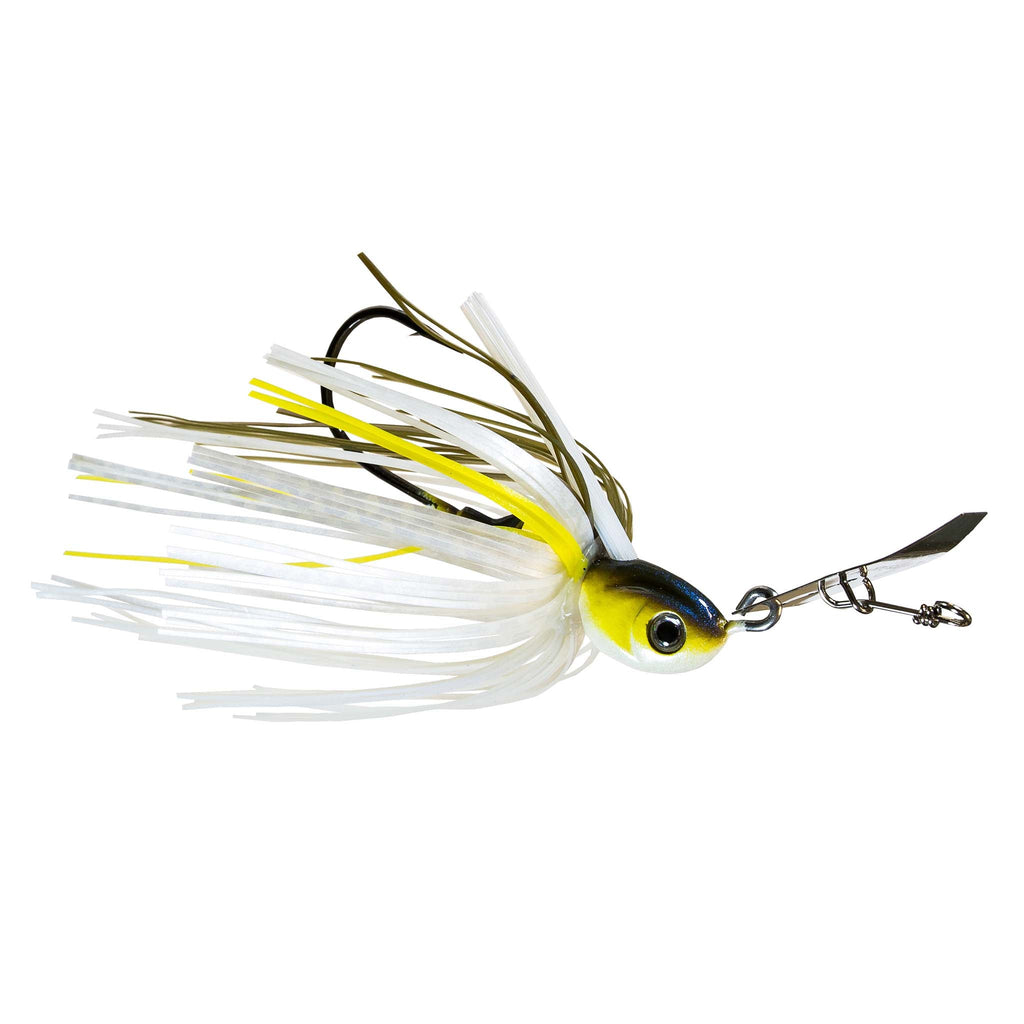 Weedless chatterbait with white and chartreuse skirt, yellow bait head, silver treble hooks