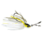 Weedless chatterbait with white and chartreuse skirt, yellow bait head, silver treble hooks