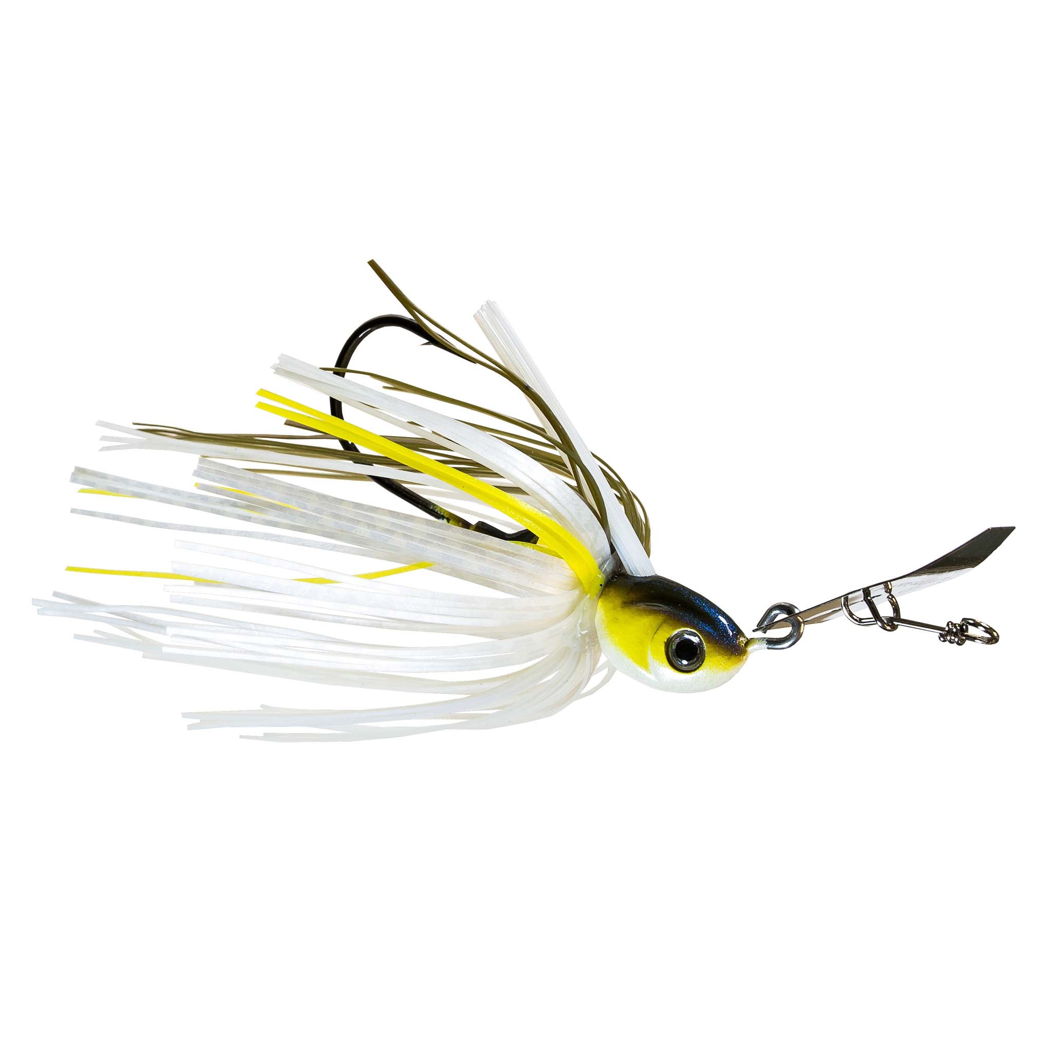 Weedless chatterbait with white and chartreuse skirt, yellow bait head, silver treble hooks