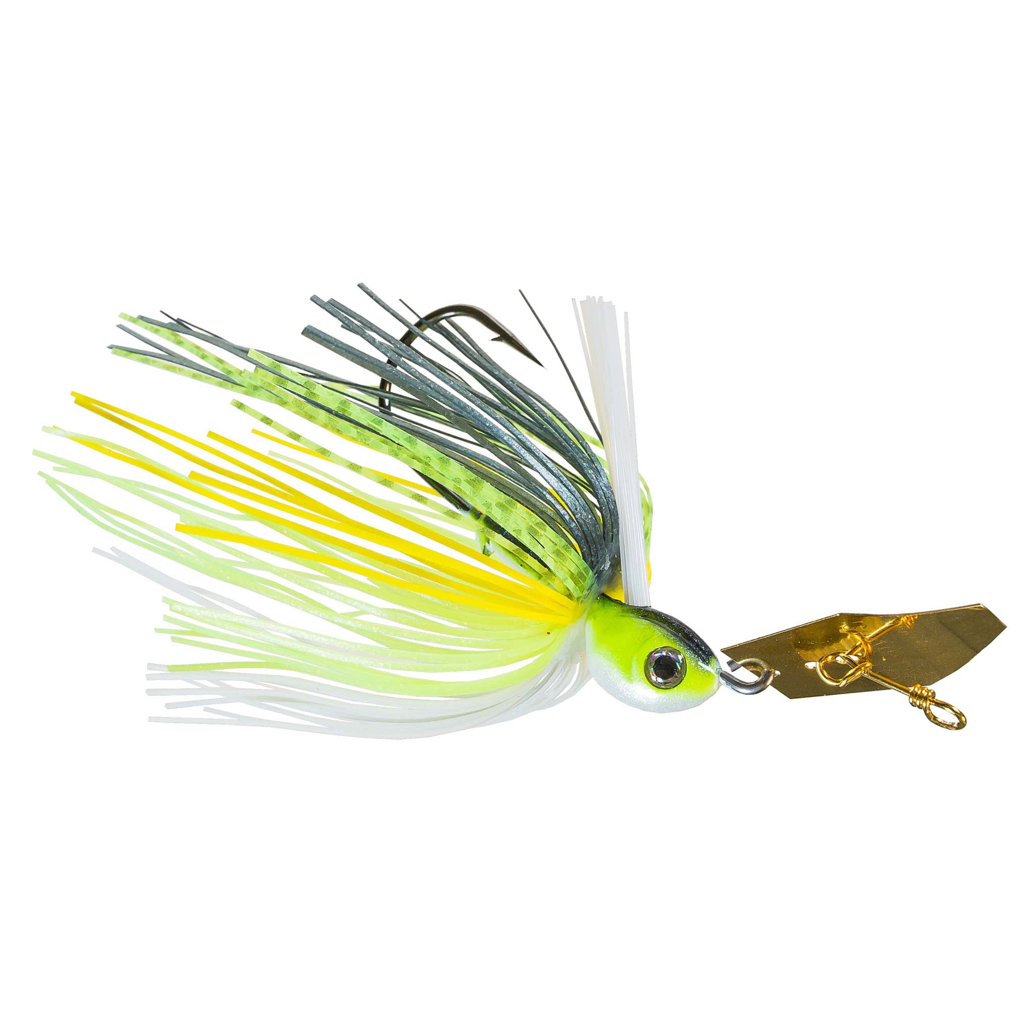 Weedless chatterbait with green and white skirt, chartreuse highlights, gold blade and hook