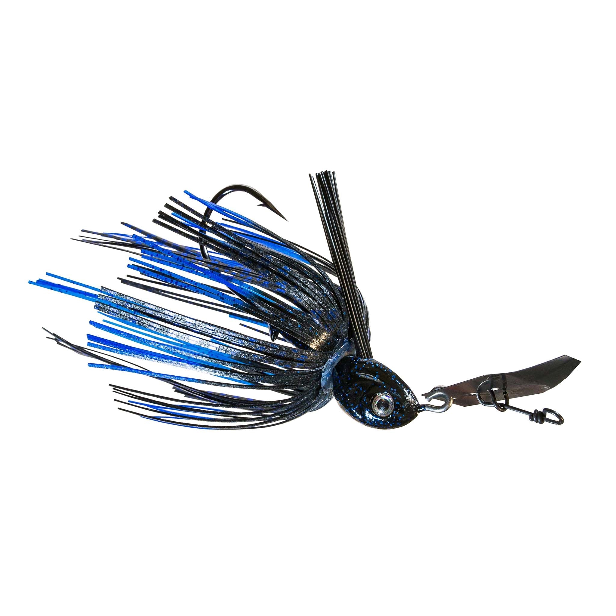 Dark blue and black weedless chatterbait with spiked skirt and double hook