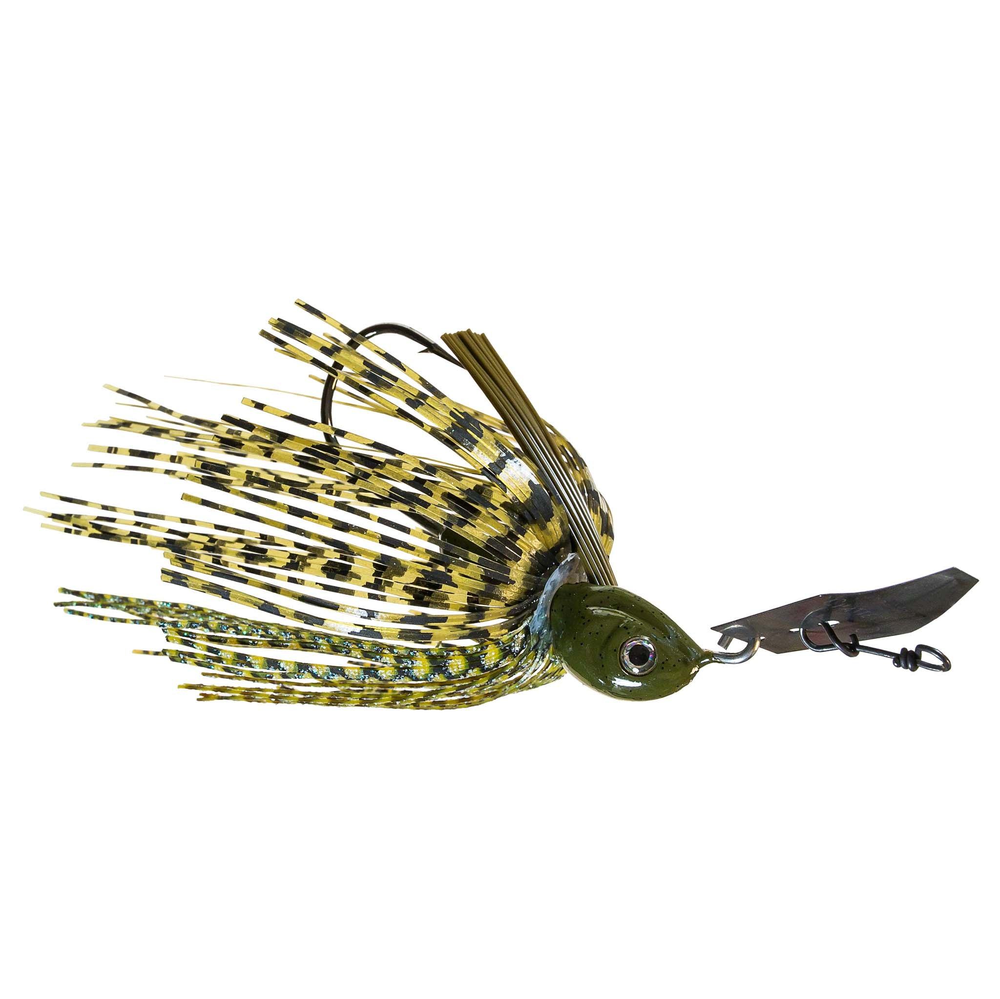 Green weedless chatterbait with gold-and-white skirt spikes and double hook