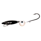 Fishing chatterbait lure with white head, black blade, blue eye, treble hook