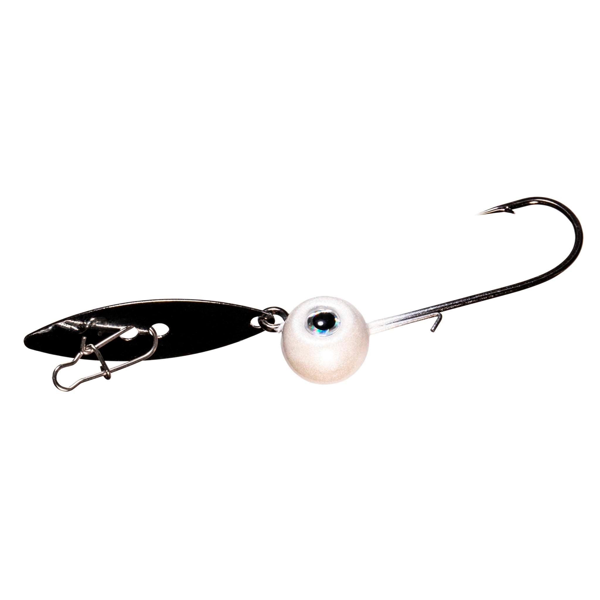 Fishing chatterbait lure with white head, black blade, blue eye, treble hook