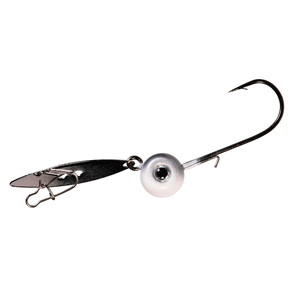 Fishing chatterbait lure with gray-silver head, black blade, treble hook
