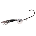 Fishing chatterbait lure with gray-silver head, black blade, treble hook