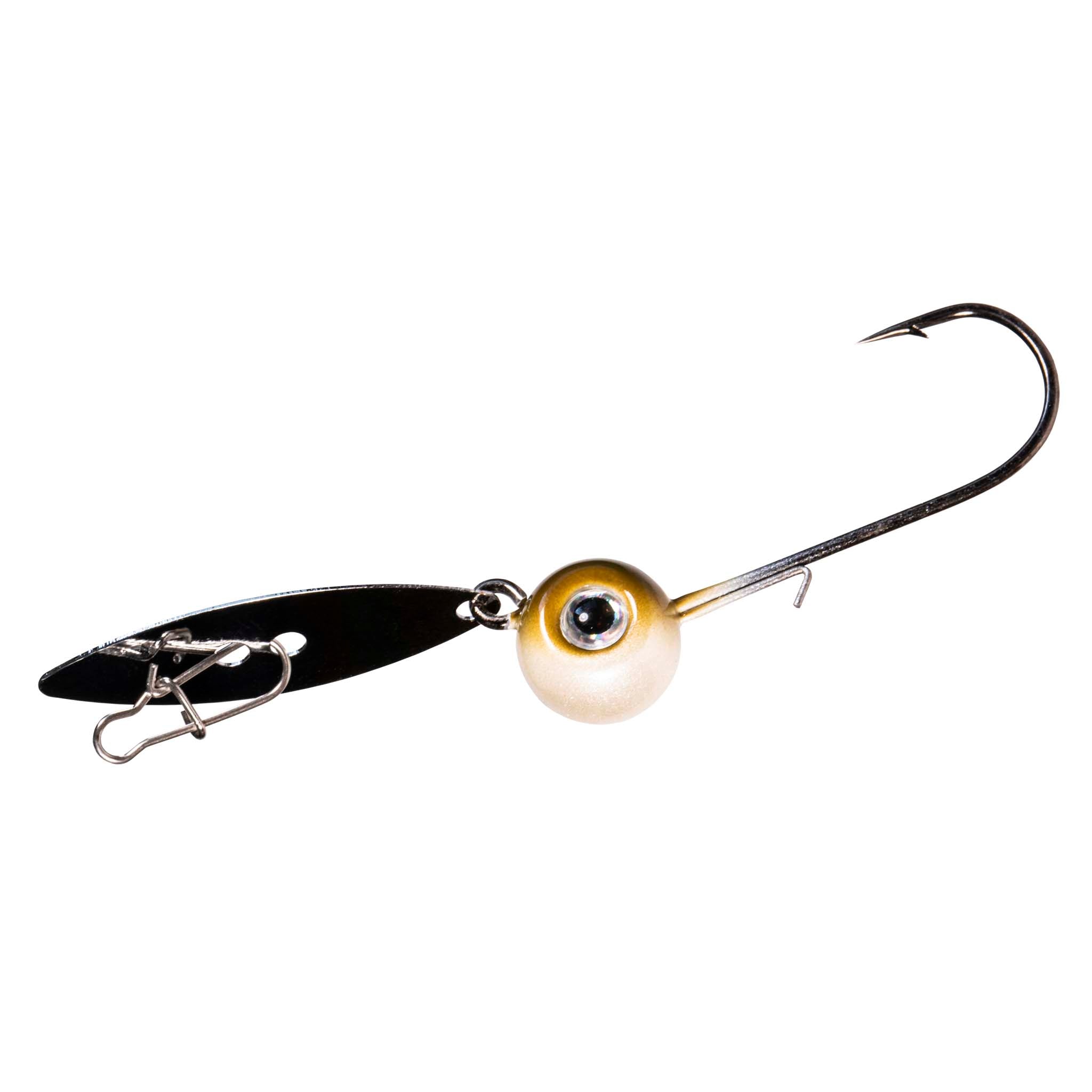 Fishing chatterbait lure with yellow-gold head, black blade, treble hook