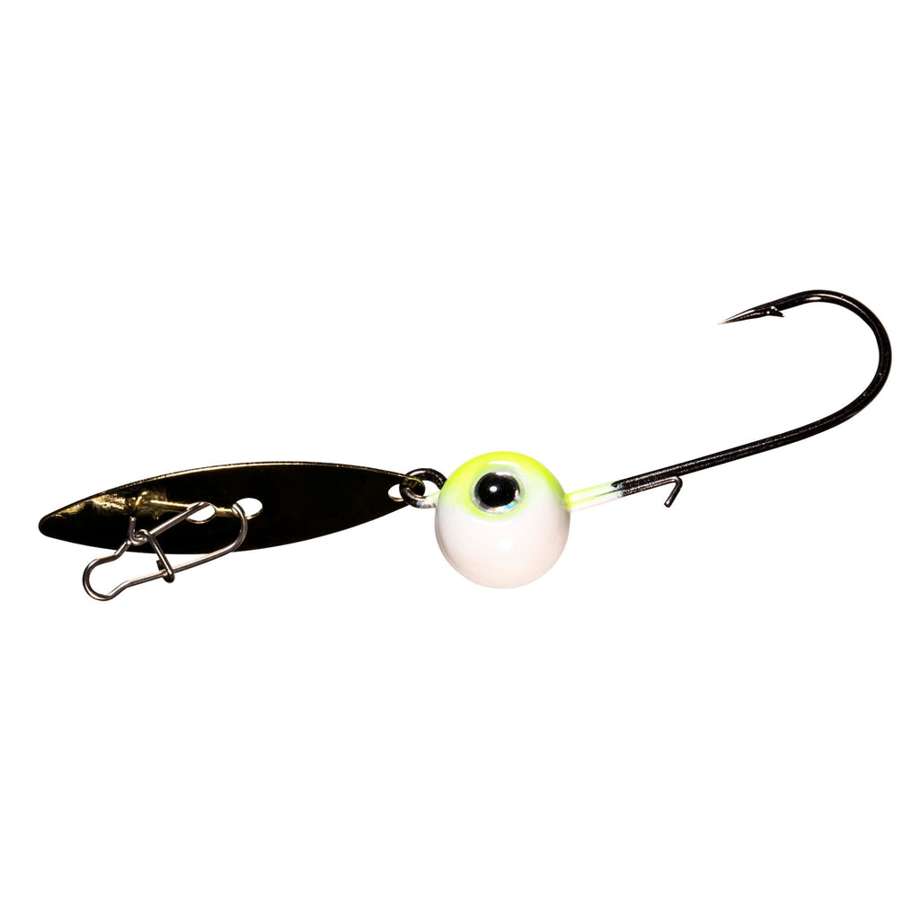 Fishing chatterbait lure with white chartreuse head, black blade, treble hook