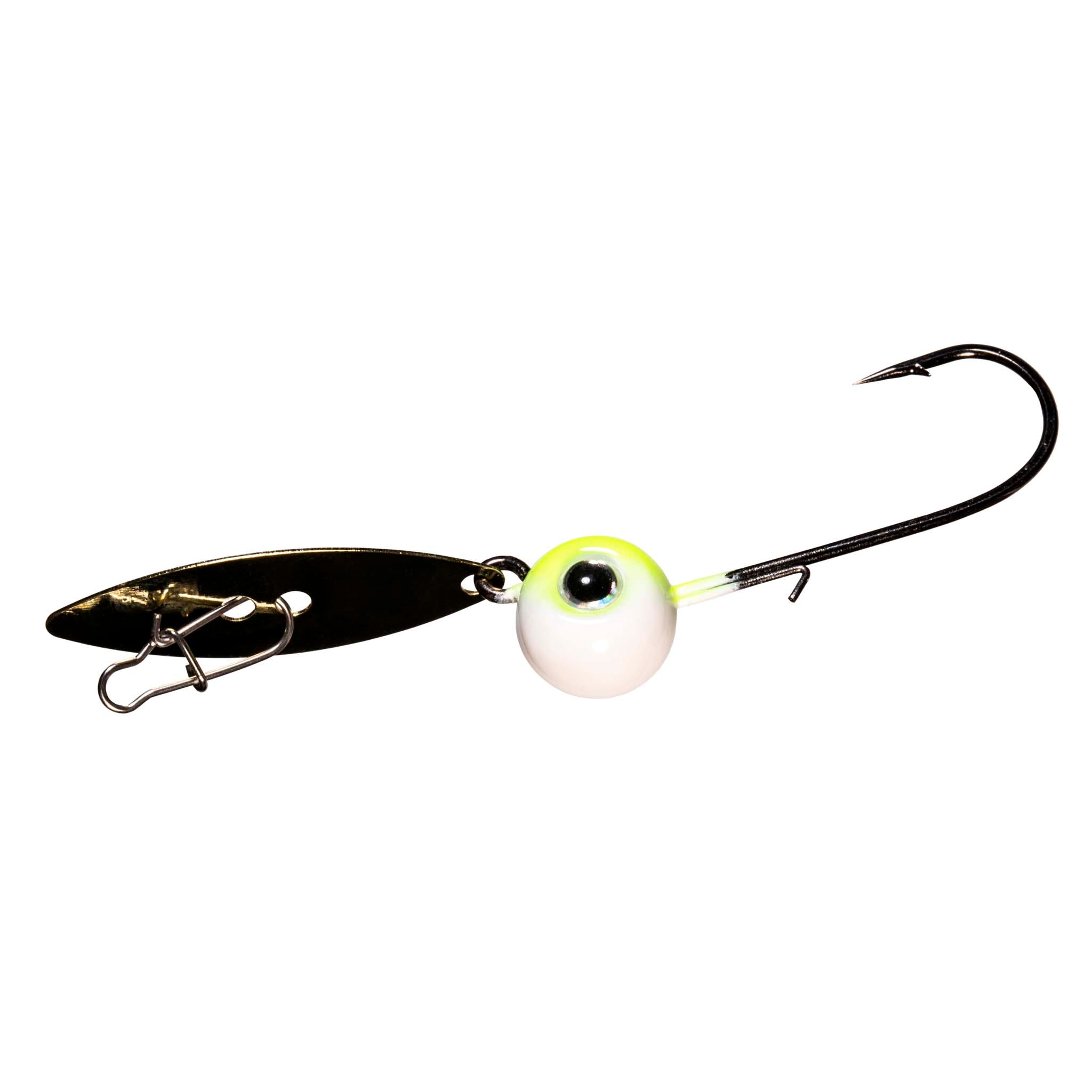 Fishing chatterbait lure with white chartreuse head, black blade, treble hook