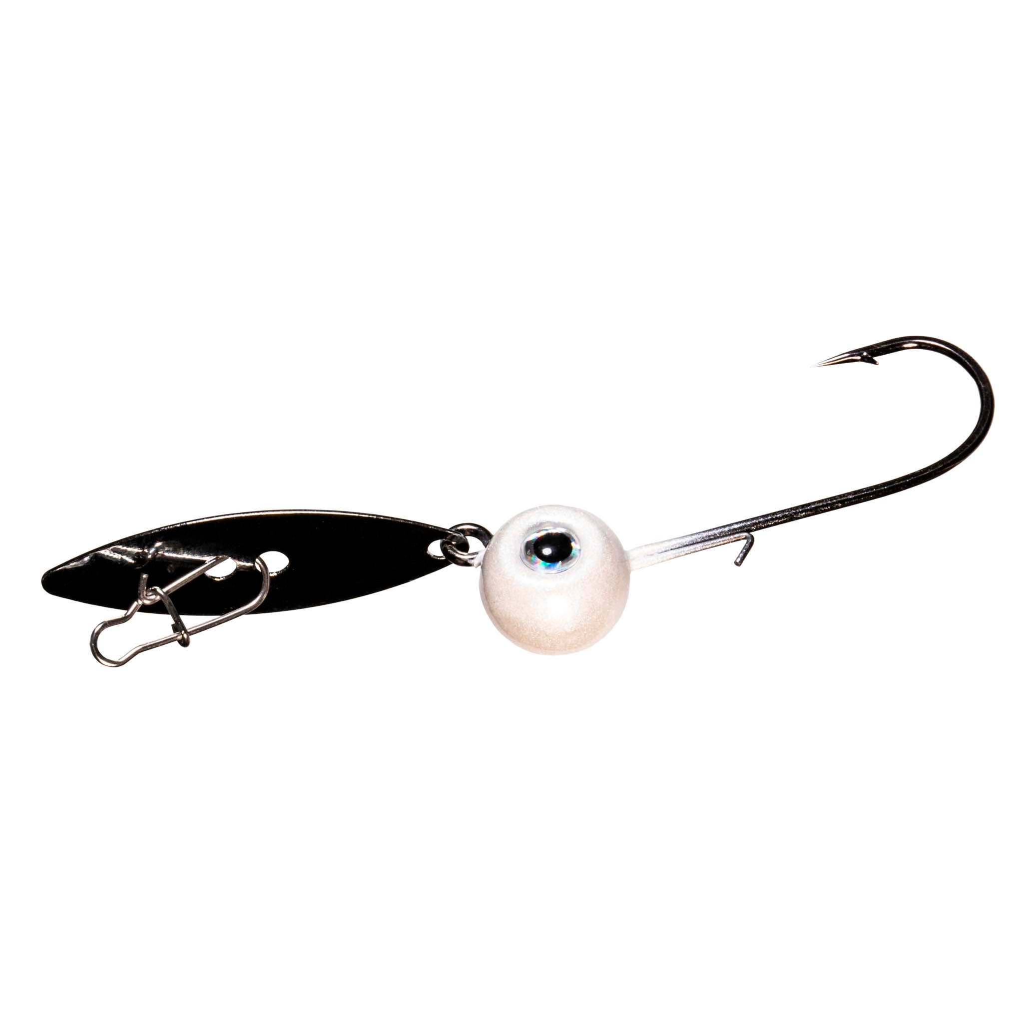 Fishing chatterbait lure with white head, black blade, blue eye, treble hook