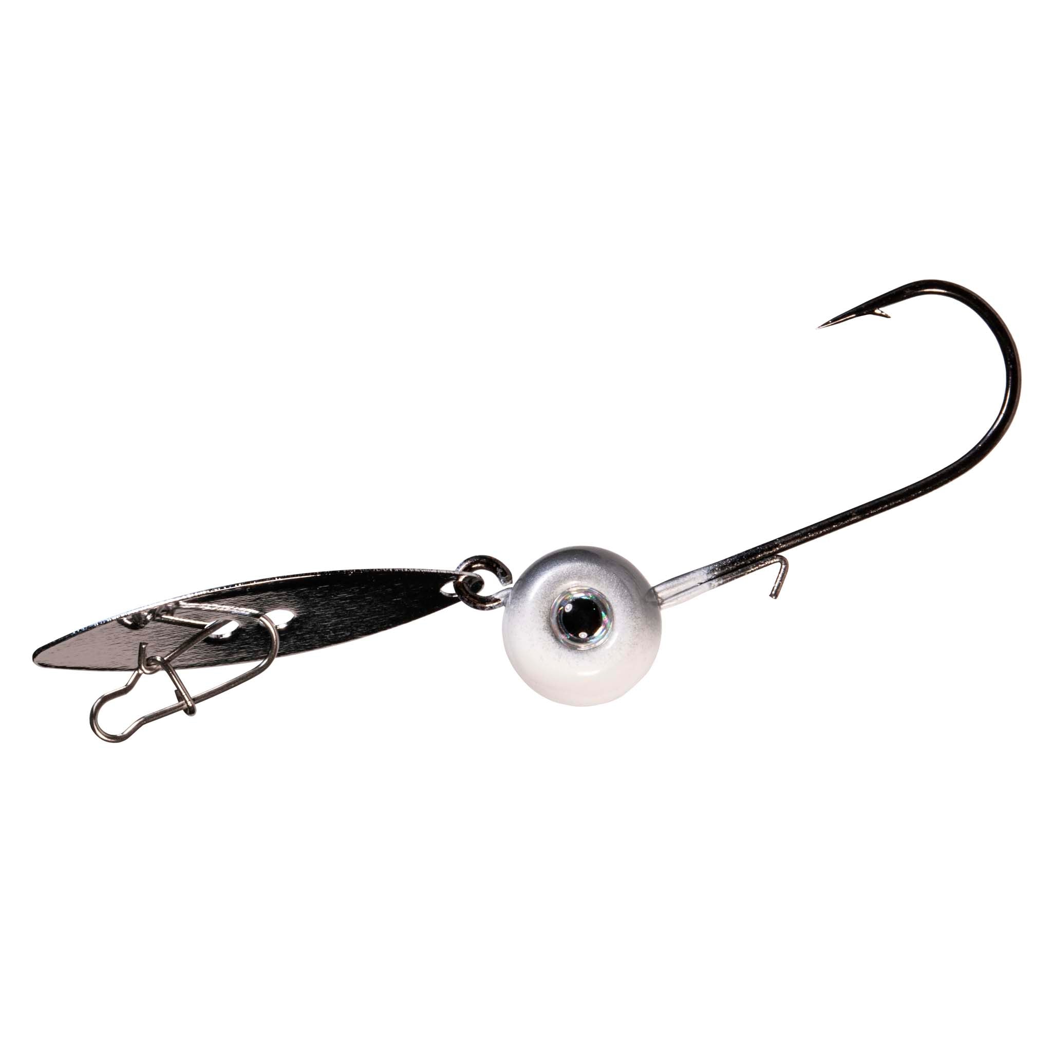 Fishing chatterbait lure with silver head, black blade, treble hook