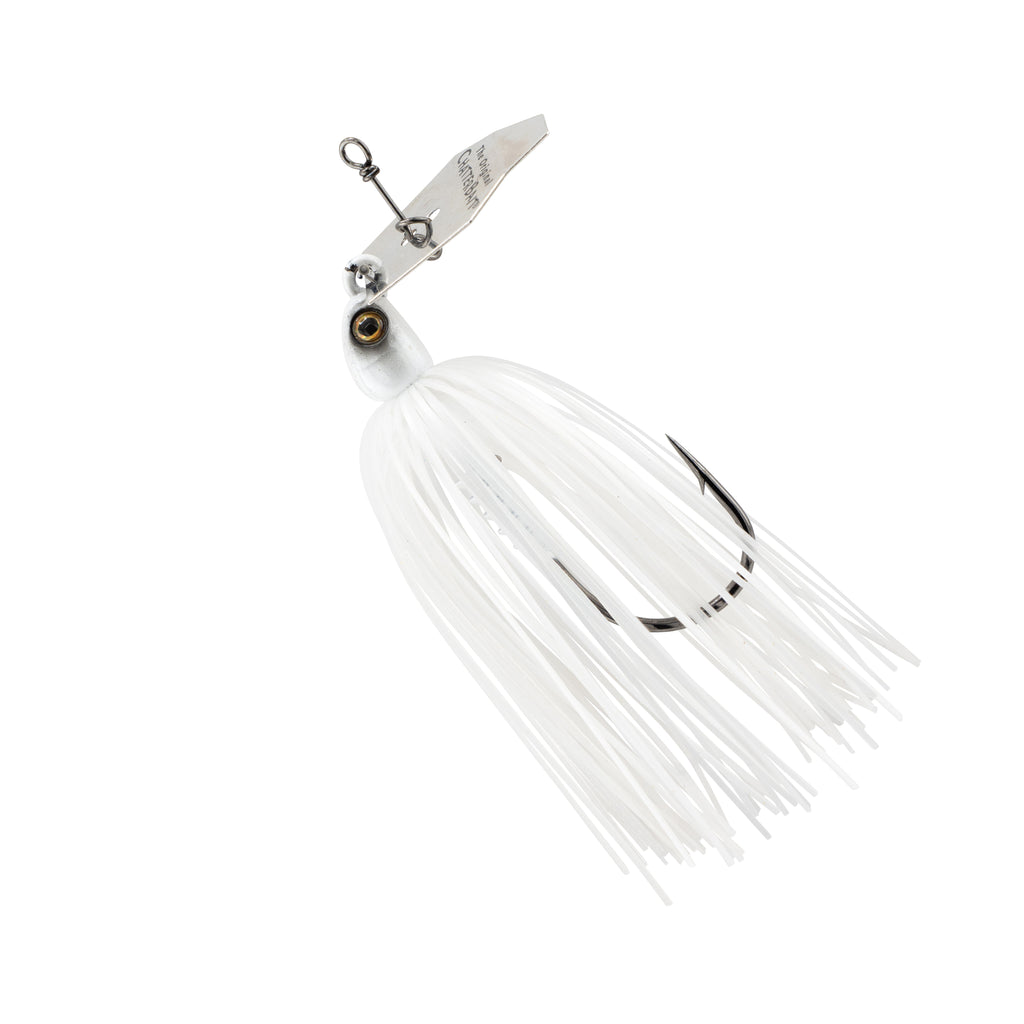 ChatterBait PZ2 fishing lure, white skirt with dark blade and black hook eye