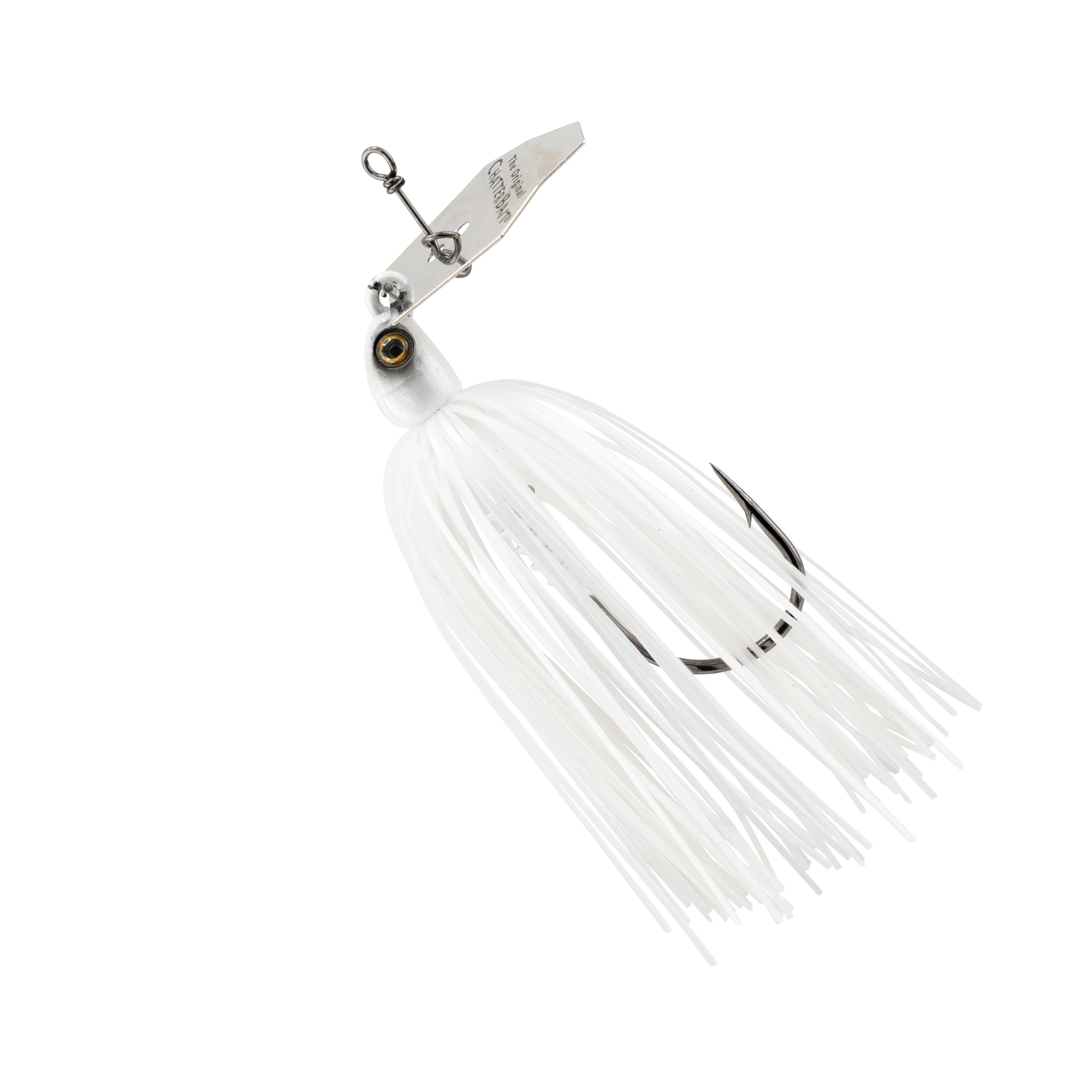 ChatterBait PZ2 fishing lure, white skirt with dark blade and black hook eye