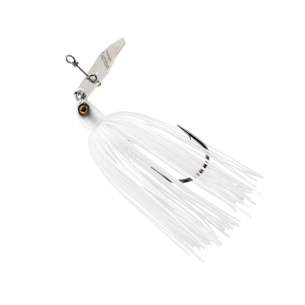 ChatterBait PZ2 fishing lure, white skirt with gold-tinted eyelet and dark hook