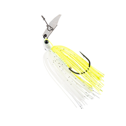 ChatterBait PZ2 fishing lure, chartreuse-and-white skirt with yellow blade and black hooks