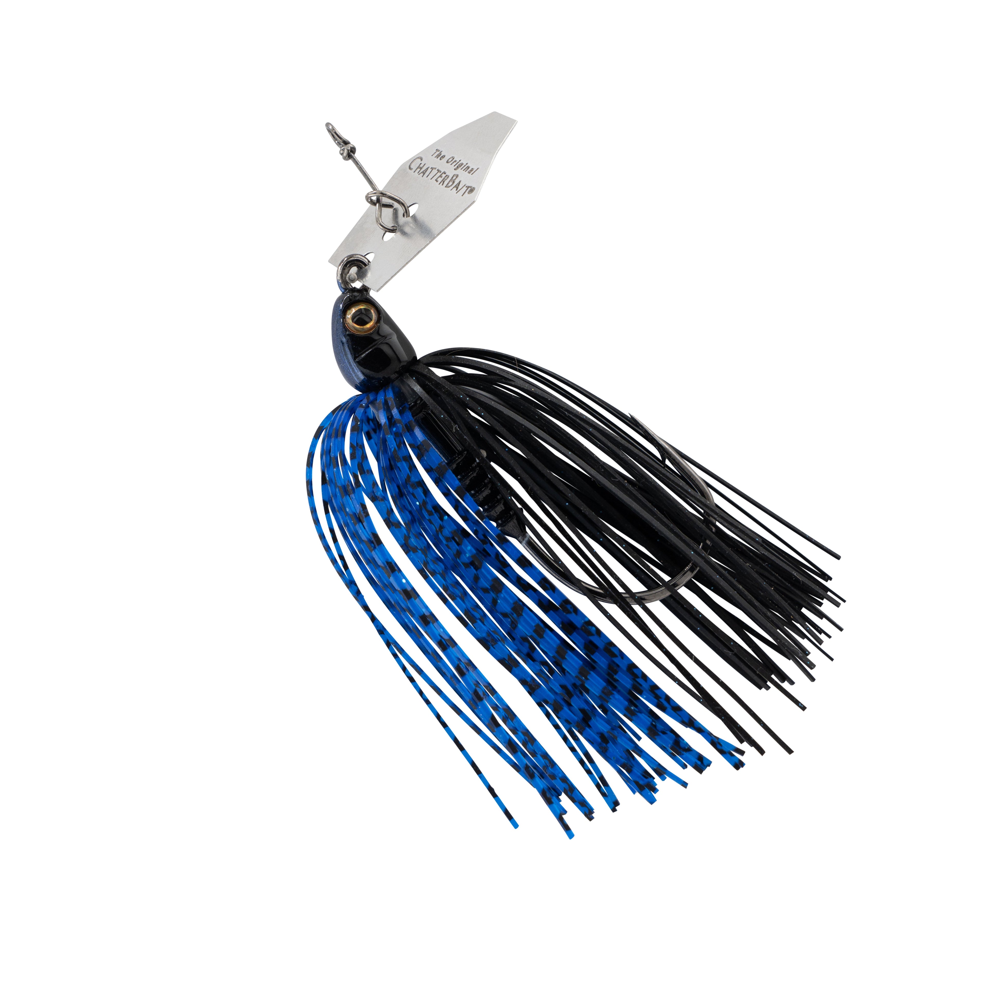 ChatterBait PZ2 fishing lure, blue-and-black striped skirt with silver blade and hooks