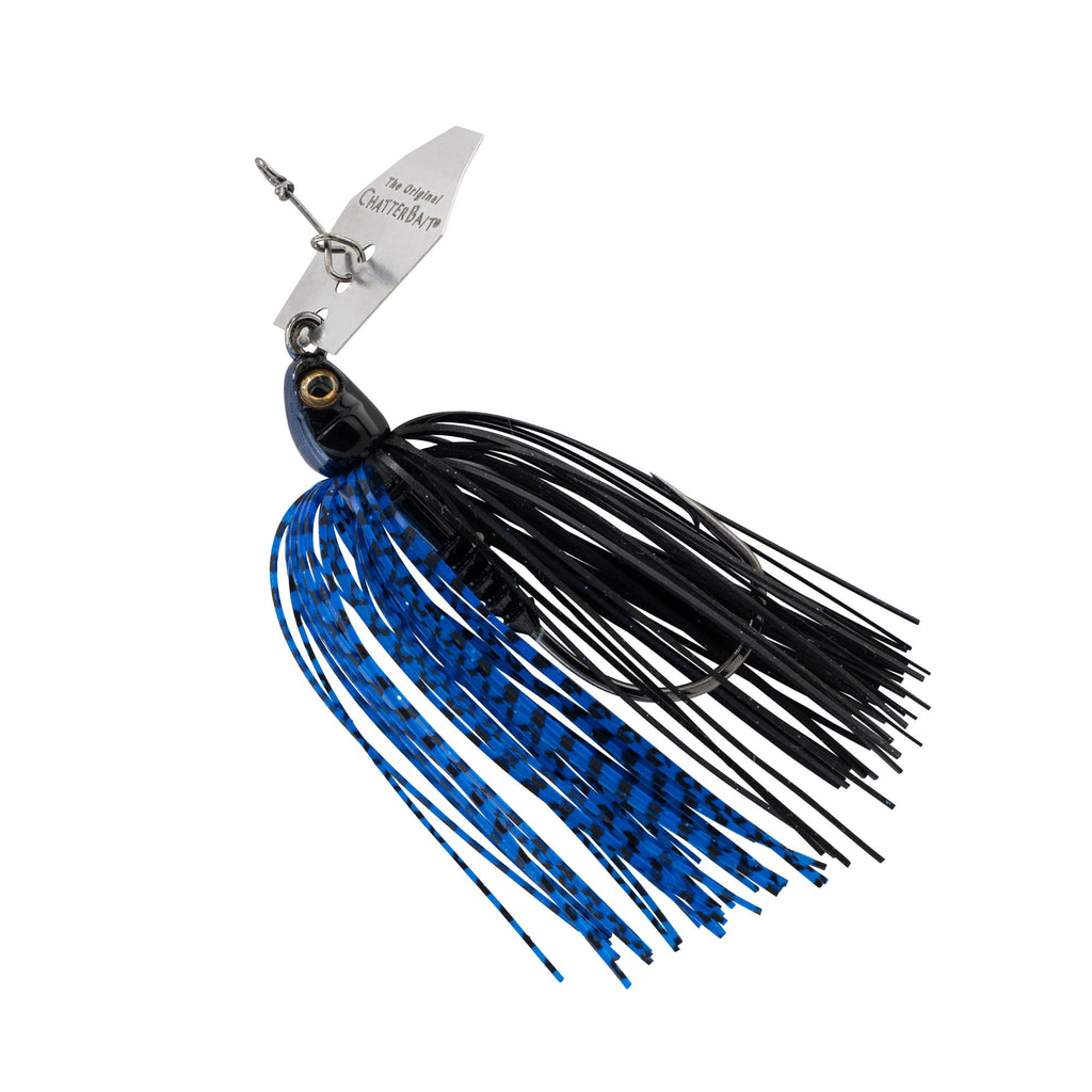 Spinnerbait lure with black-and-blue skirt, silver blade, round jig head