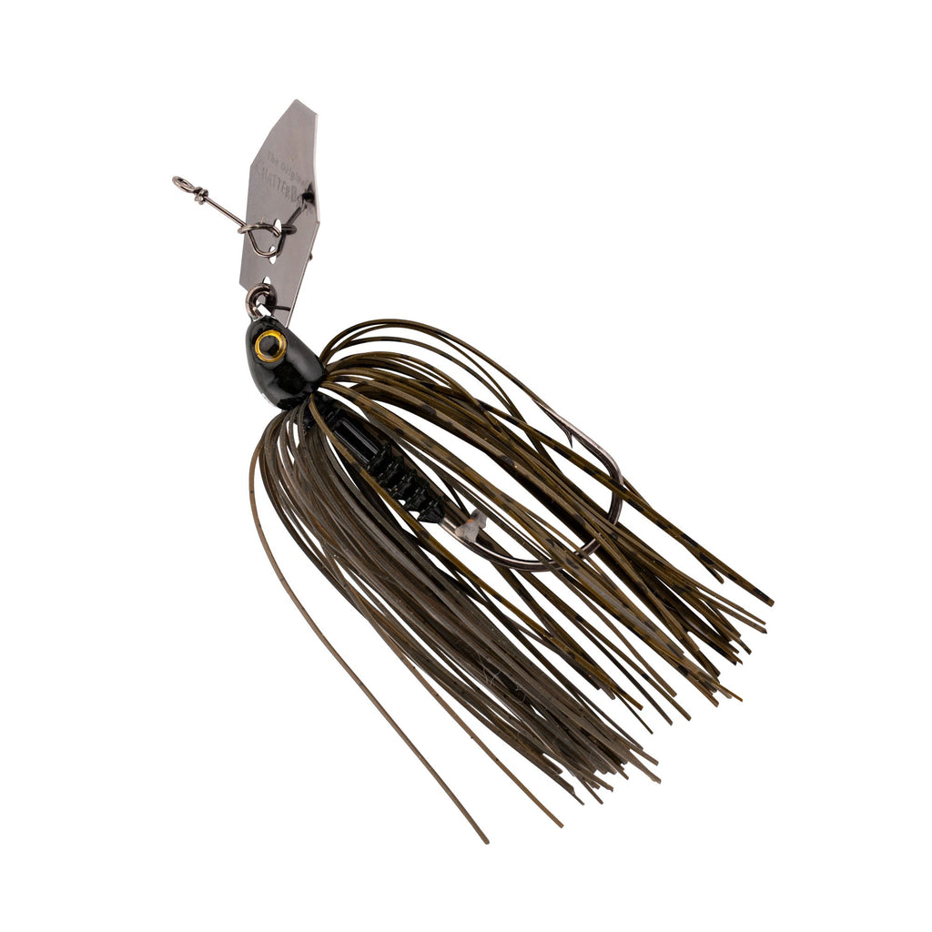 ChatterBait PZ2 fishing lure, dark green-brown skirt with gold highlights and black eye