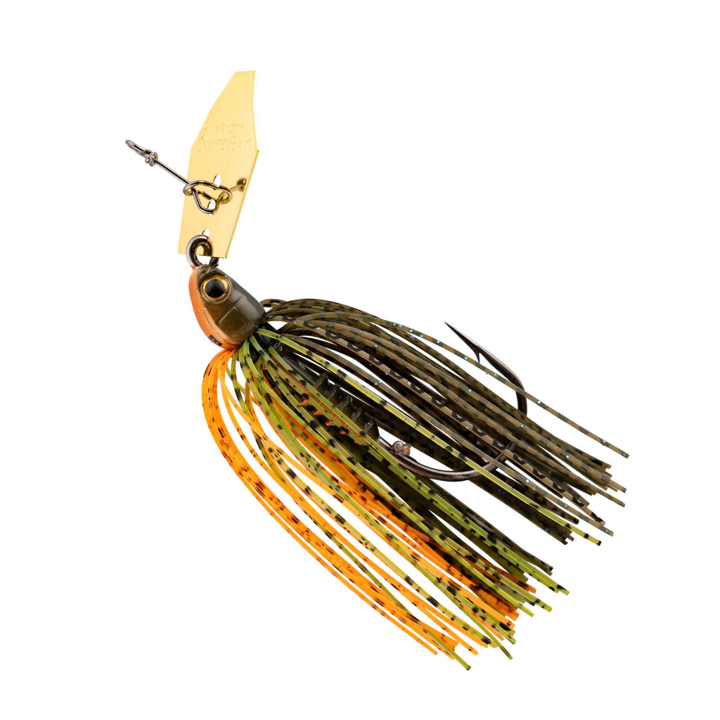 ChatterBait PZ2 fishing lure, orange head with green-and-black multi-color skirt
