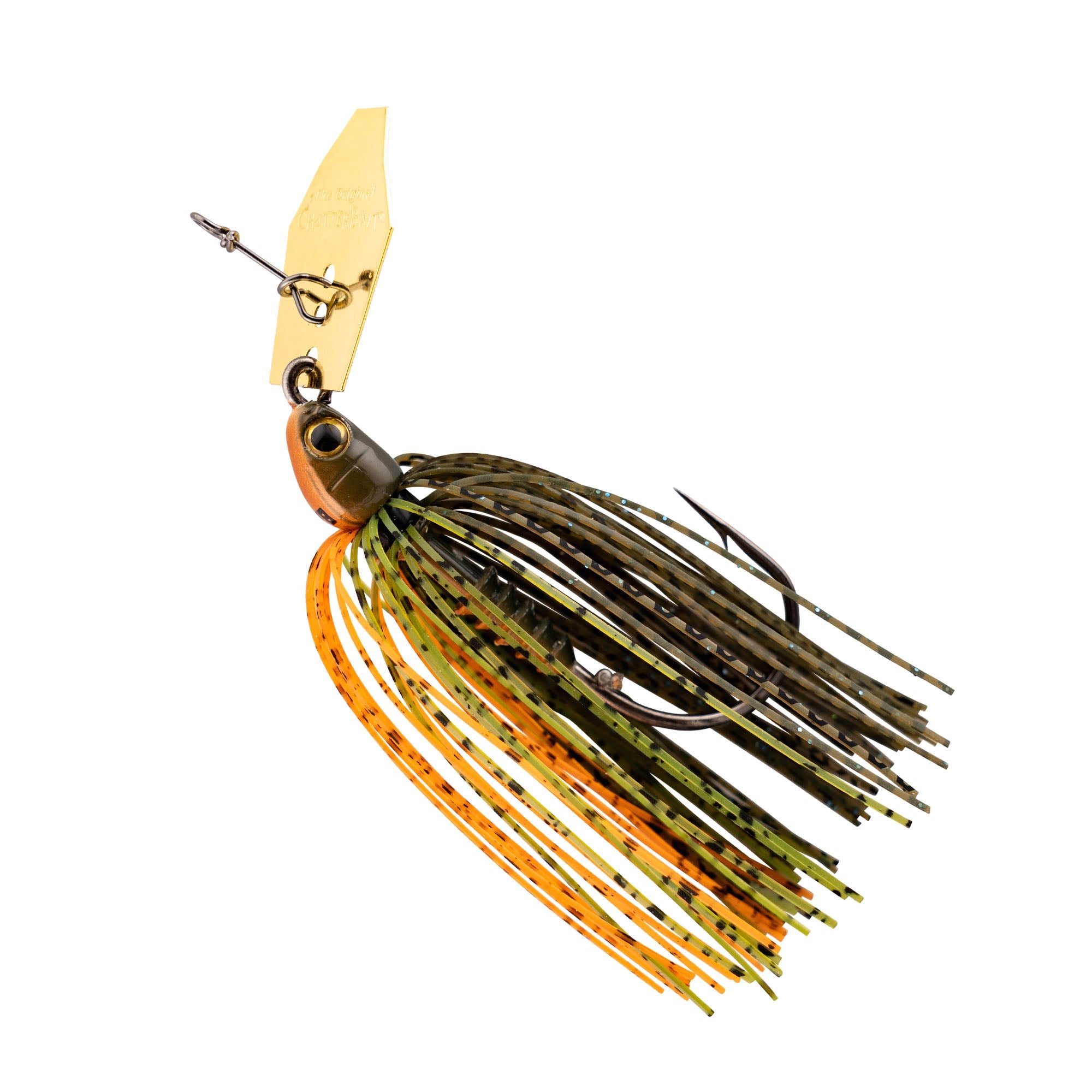 Spinnerbait lure with dark green olive skirt and orange highlights, gold blade