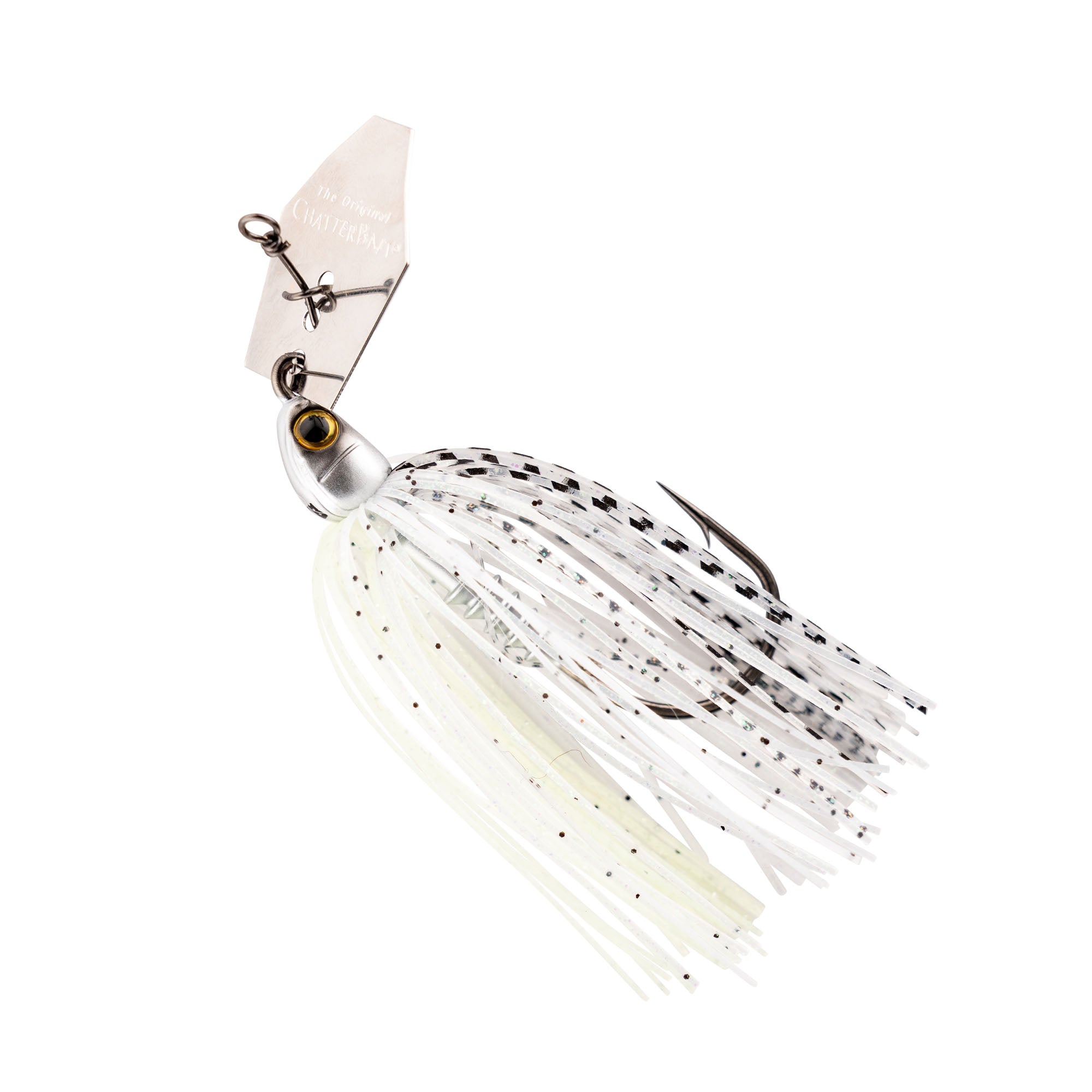 ChatterBait PZ2 fishing lure, white skirt with black speckles and silver blade