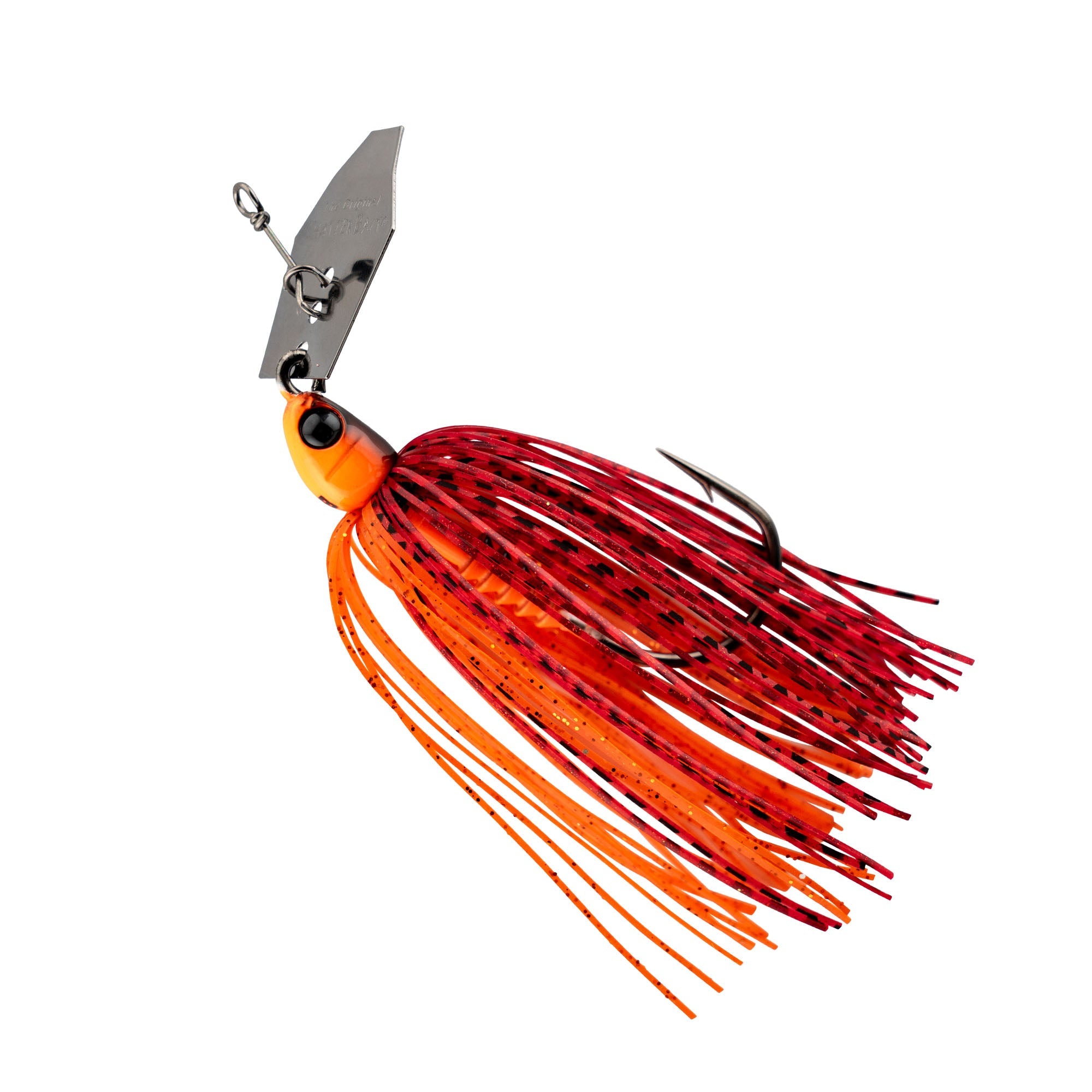 Spinnerbait lure with orange head, red skirt with dark speckles, silver blade