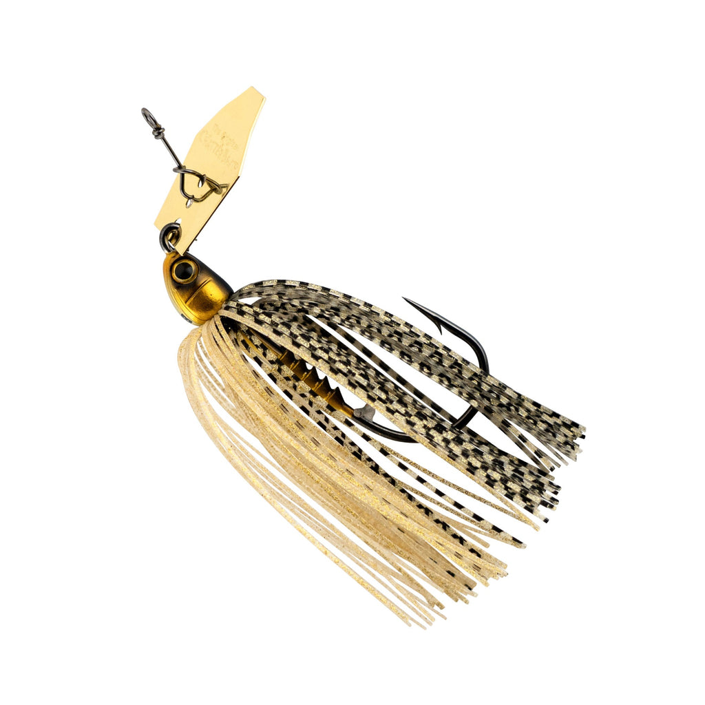 Spinnerbait fishing lure with golden head, gold blade, speckled dark skirt