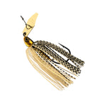 Spinnerbait fishing lure with yellow blade and black-speckled skirt