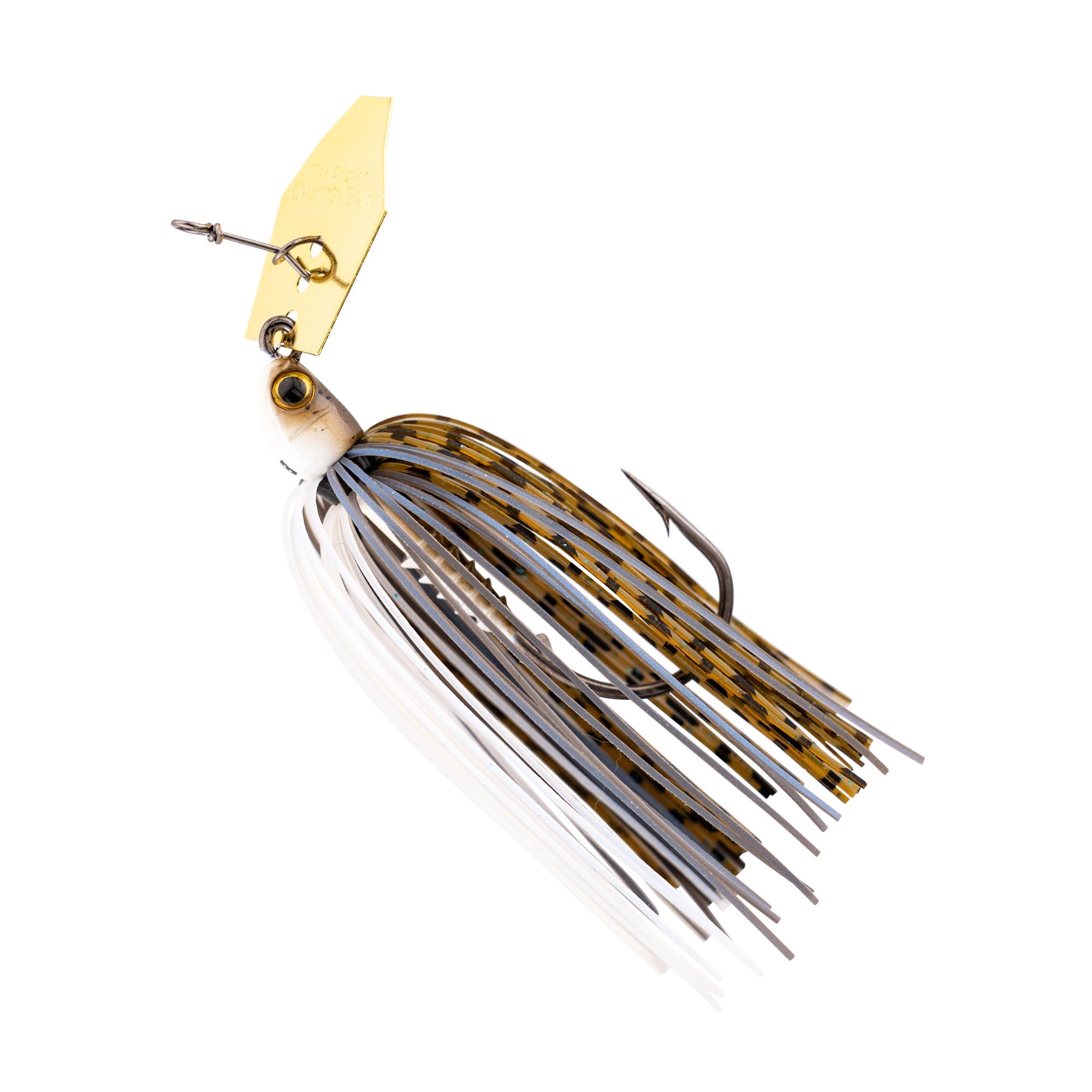 Spinnerbait lure with white-and-dark blue skirt, gold blade and round jig head