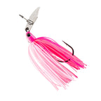 Spinnerbait lure with bright pink skirt, silver blade, round jig head