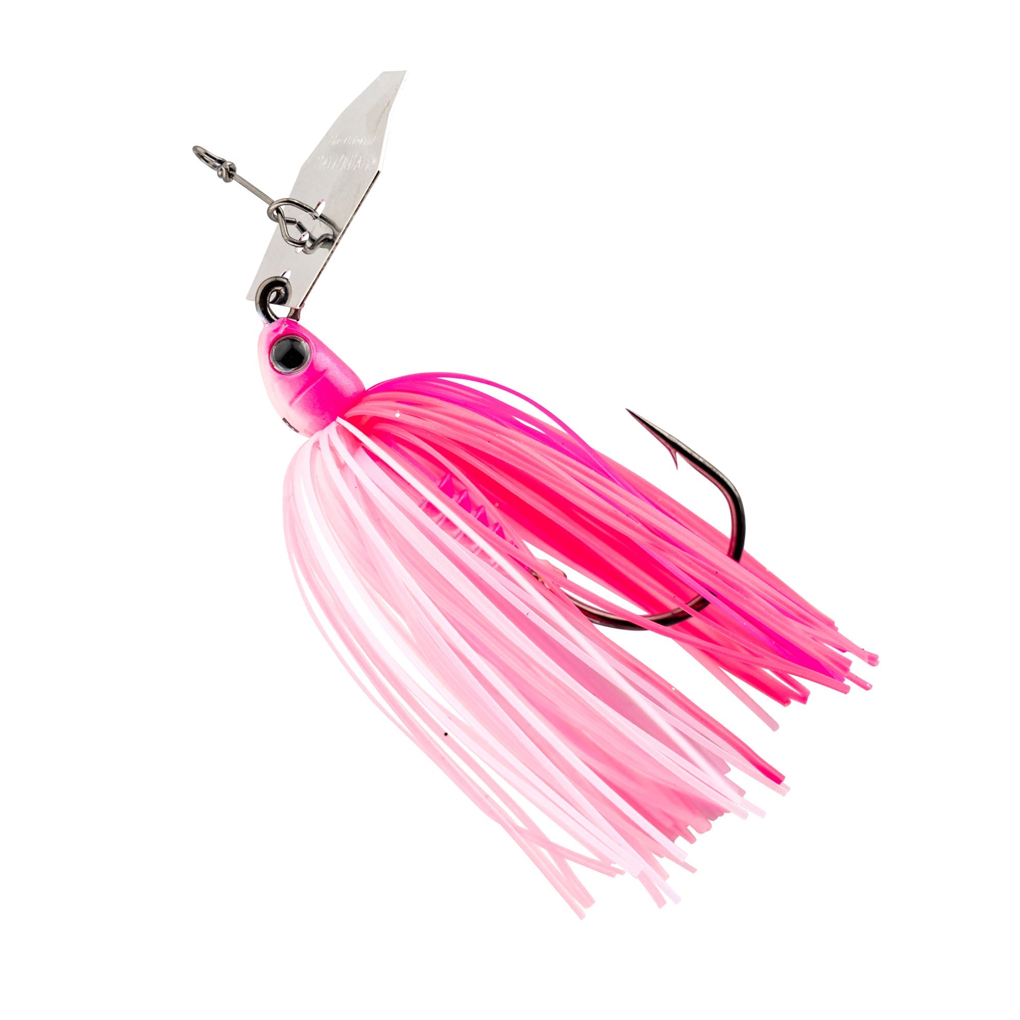 Spinnerbait lure with bright pink skirt, silver blade, round jig head