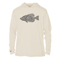 Tan pullover hoodie with fish graphic print across the chest, hood and long sleeves.