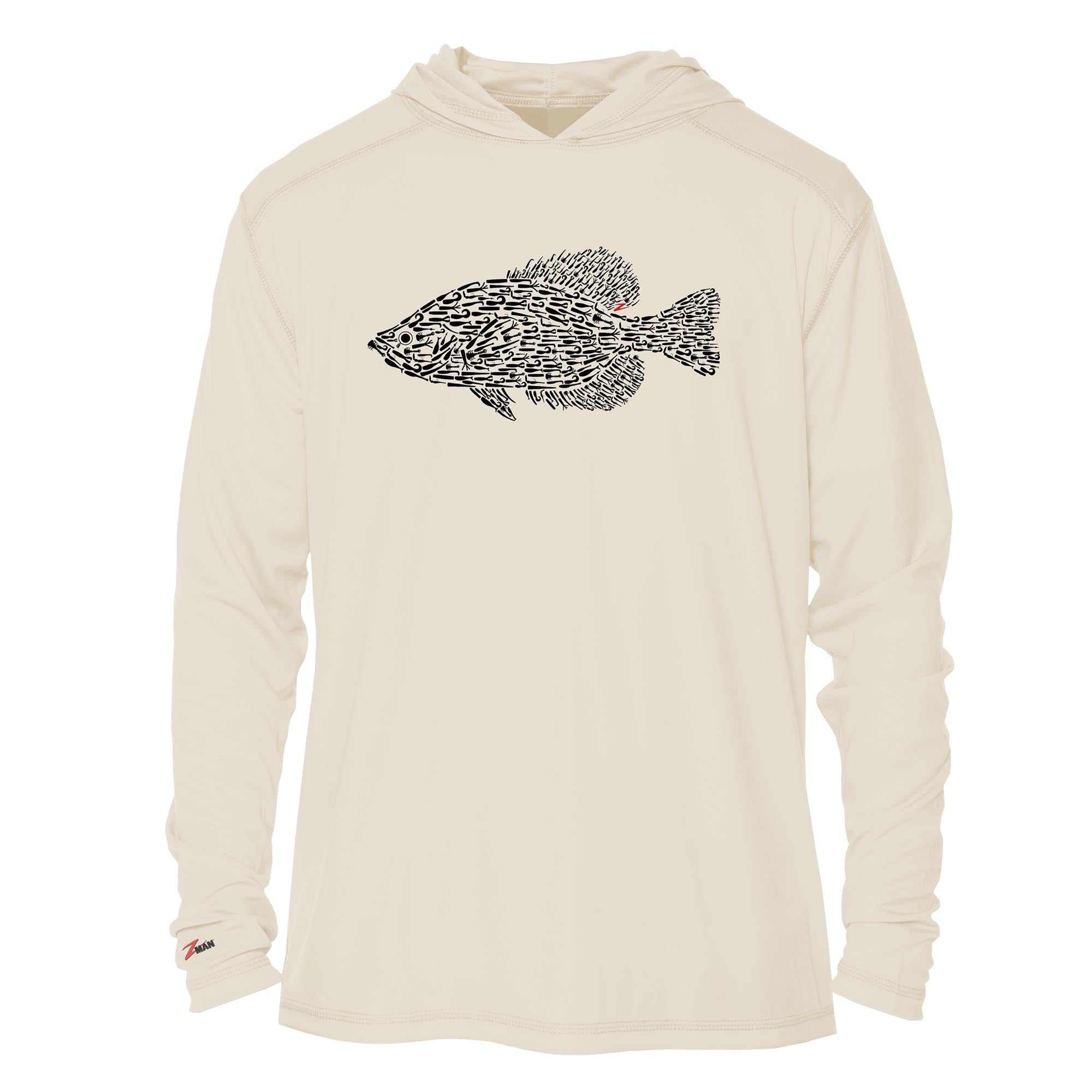 Tan pullover hoodie with fish graphic print across the chest, hood and long sleeves.