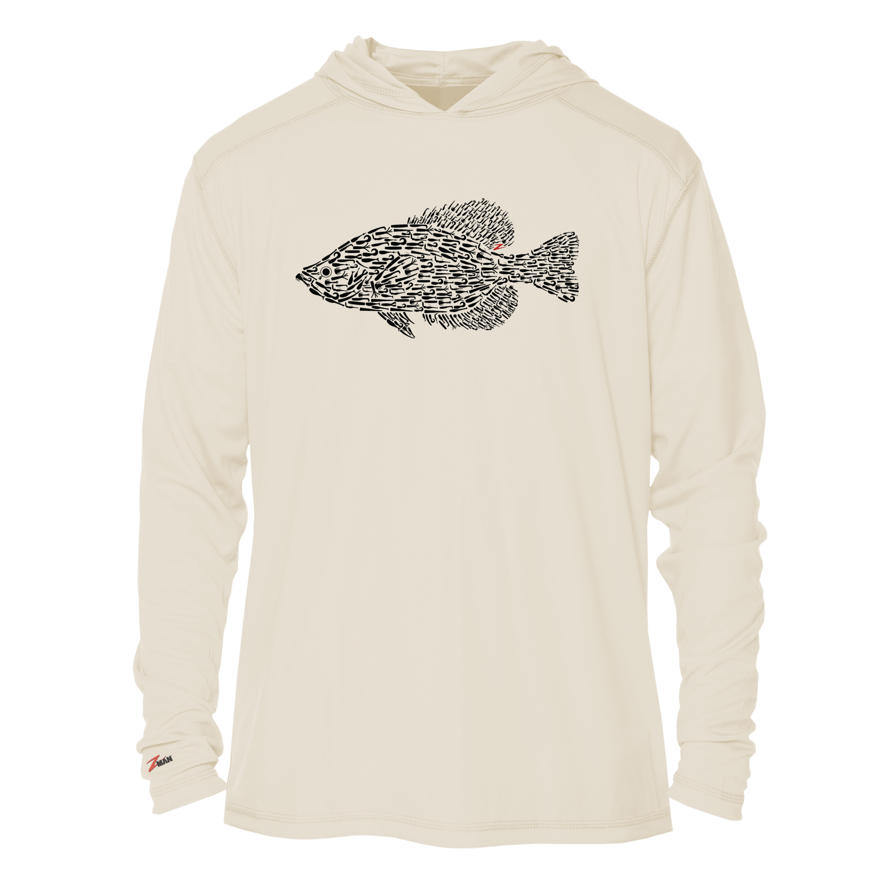 Tan tech hoodie with large fish graphic on chest, pullover hood and long sleeves.