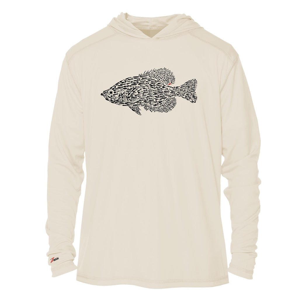 Tan tech hoodie with black fish graphic on the chest, pullover hood and cuffs.