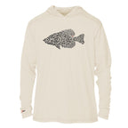 Tan tech hoodie with black fish graphic on the chest, pullover hood and cuffs.