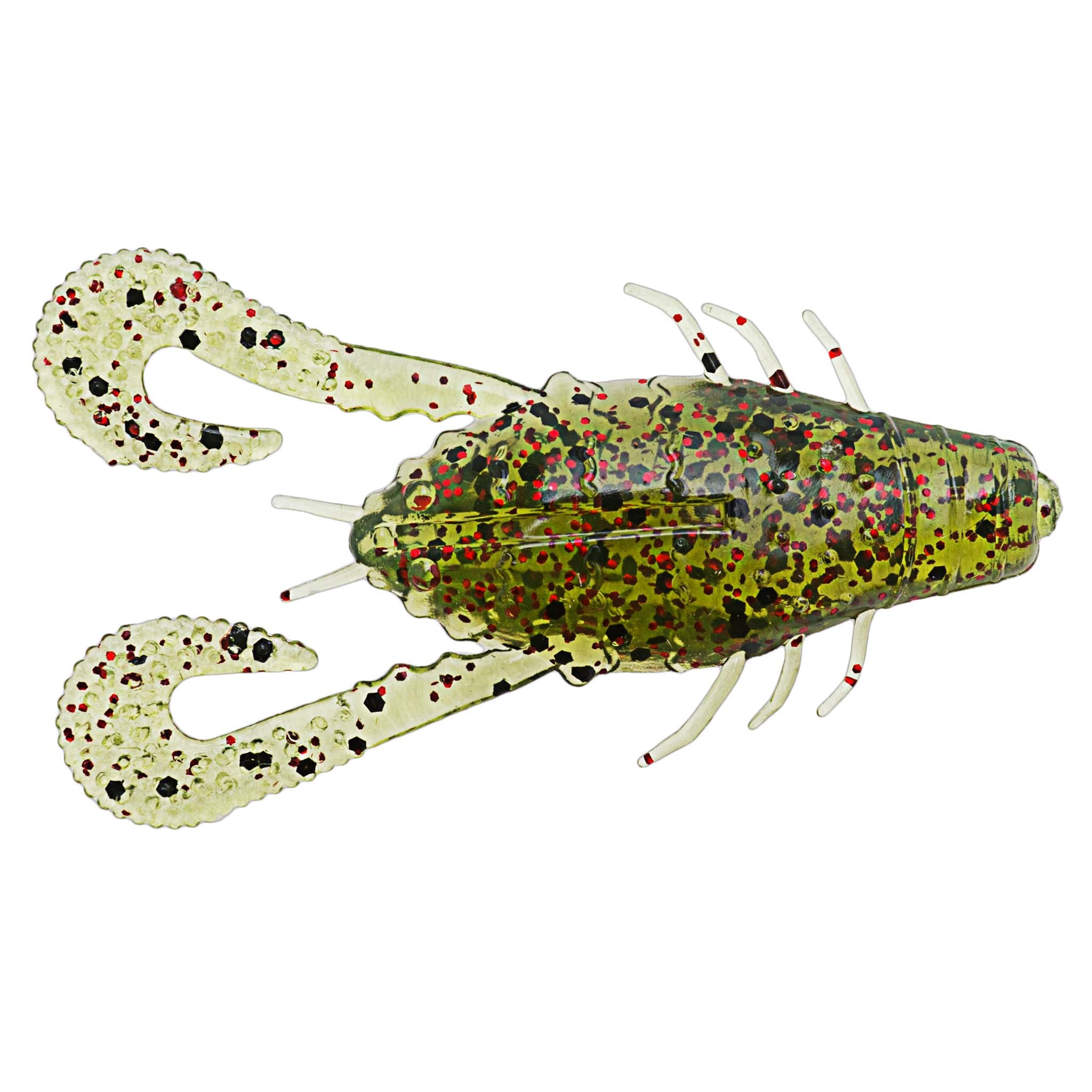 Olive green speckled soft plastic prawn lure with long legs and red-black spots