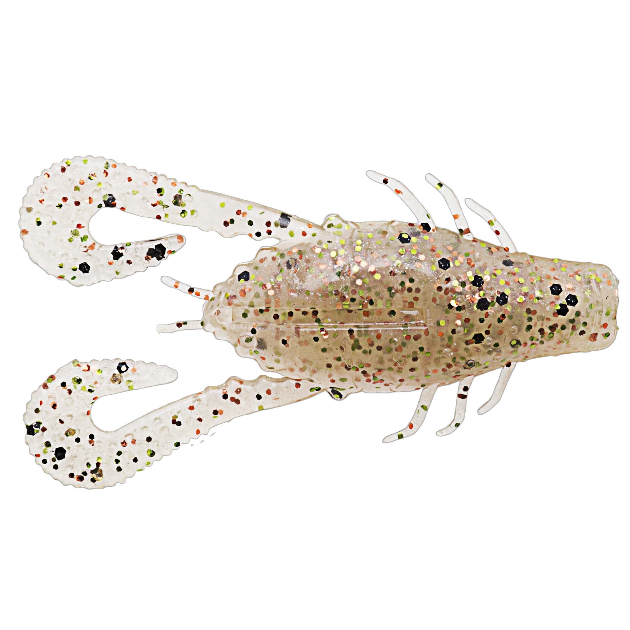 Translucent off-white speckled soft plastic prawn lure with long legs and antennae