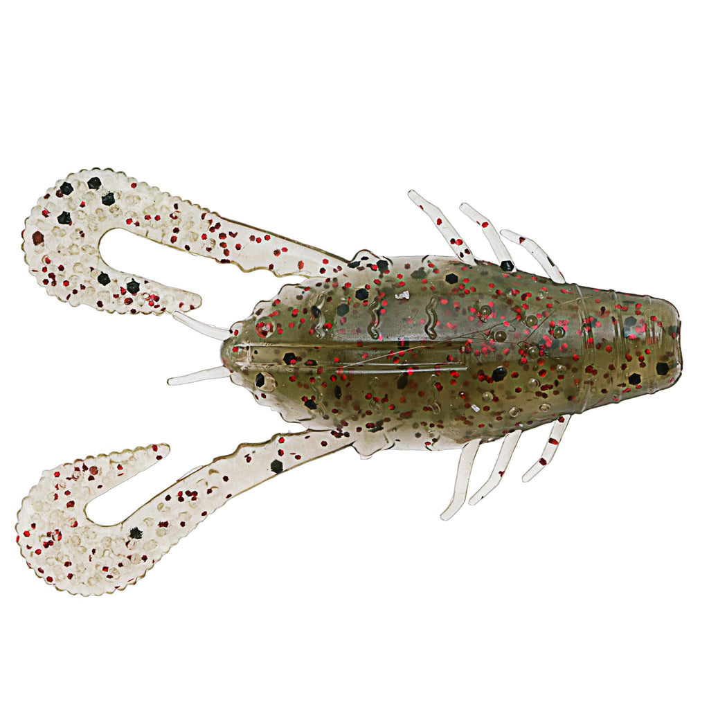 Dark olive speckled soft plastic prawn lure with red dots and long antennae